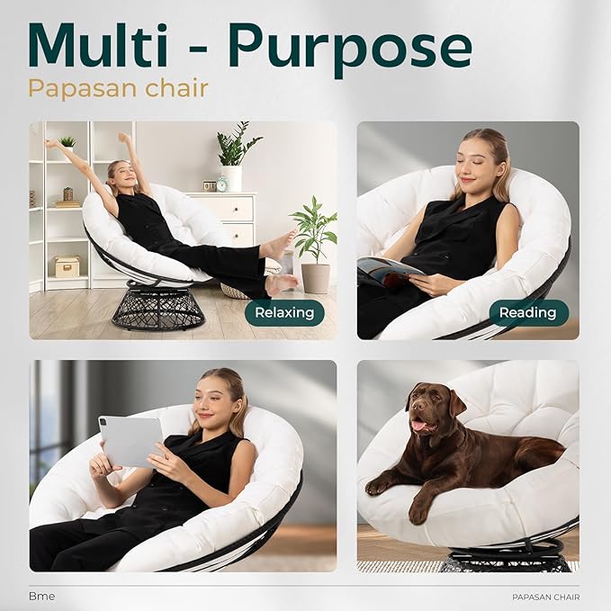 Bme 40" Ergonomic Wicker Papasan Chair with Soft Thick Cushion & Frame, 360° Swivel, Circle, Reading, Comfy Chair for Living Room, Bedroom