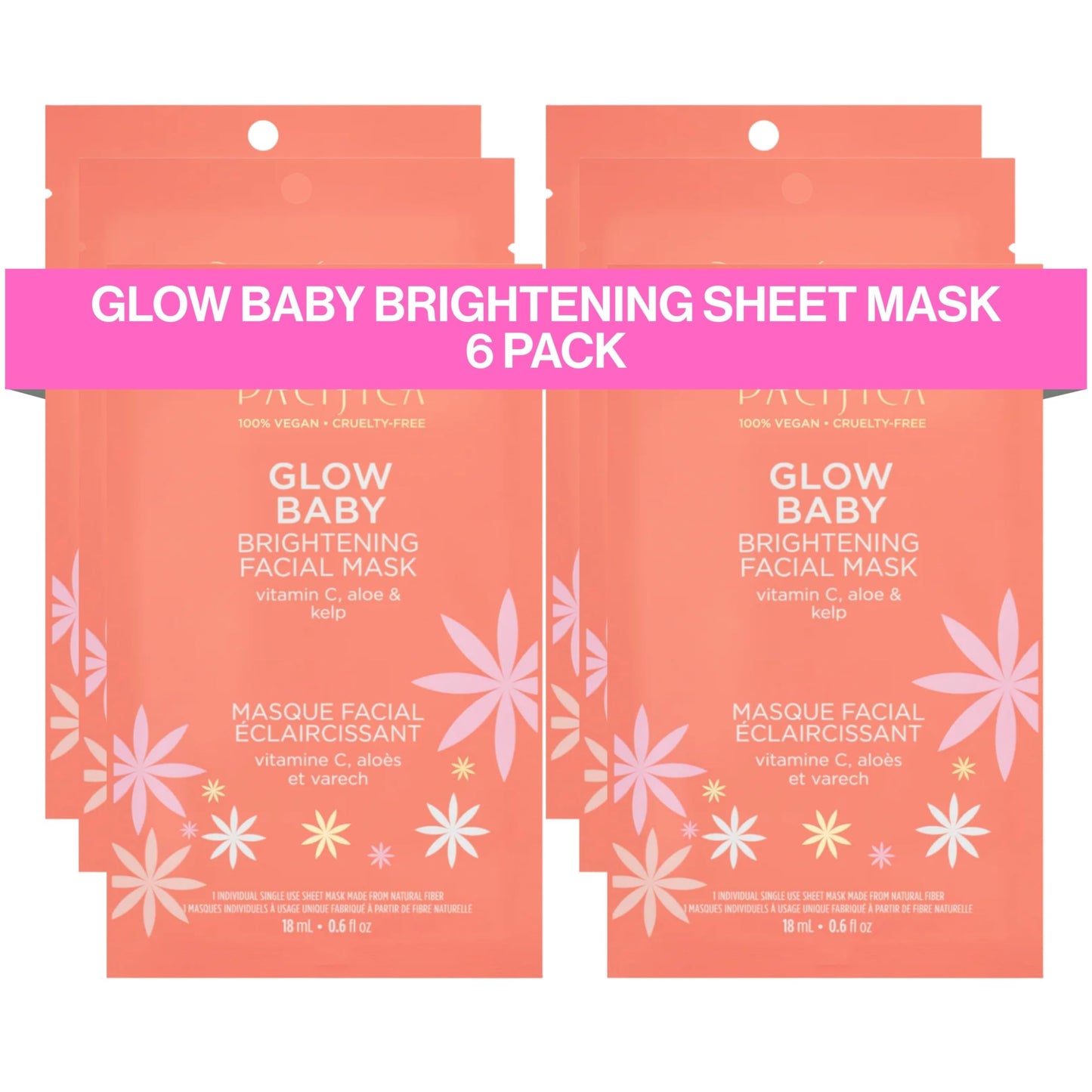 Pacifica Sheet Face Mask - 6 Pack - Glow Baby Brightening Facial Mask w/Vitamin C, Aloe & Kelp - Cooling Mask for Dark Spots & F