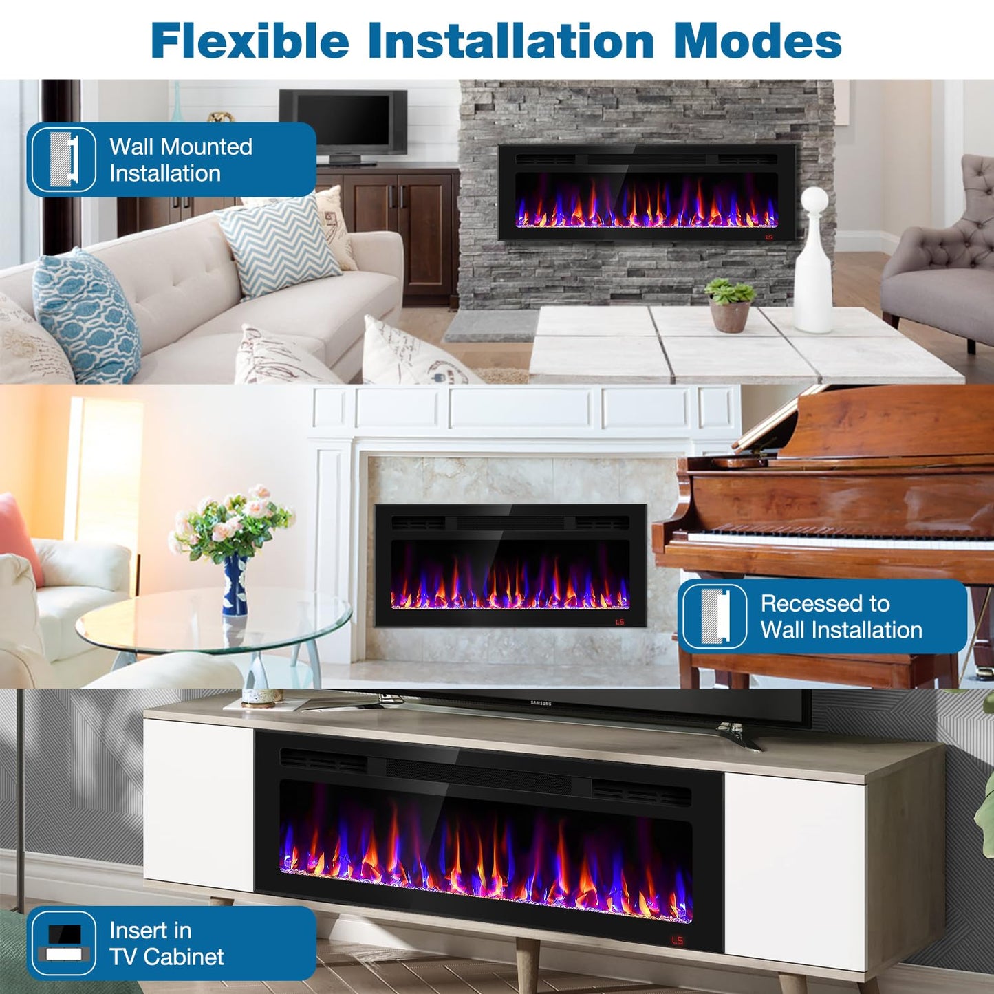 50 Inch Electric Fireplace Recessed and Wall Mounted, Fireplace Heater and Linear Fireplace, Ultra-Thin Electric Fireplace, Low Noise, with Timer, Remote Control, Adjustable 12 Flame Color, 750/1500W