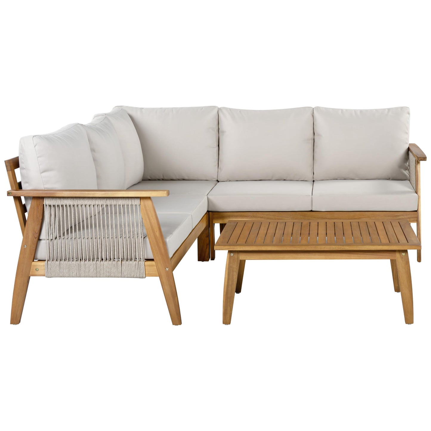 Merax Outdoor 4-Piece Acacia Wood & Rope Sectional Patio Corner Set, L-Shaped Sofa with Coffee Table, Handmade Woven Garden Furniture for Poolside & Deck