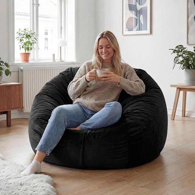 YuppieLife Large Foam Filled Bean Bag Chairs for Kids Teenagers Adults Living Room Gaming Relaxing 4F Machine Washable Lazy Sofa（Black
