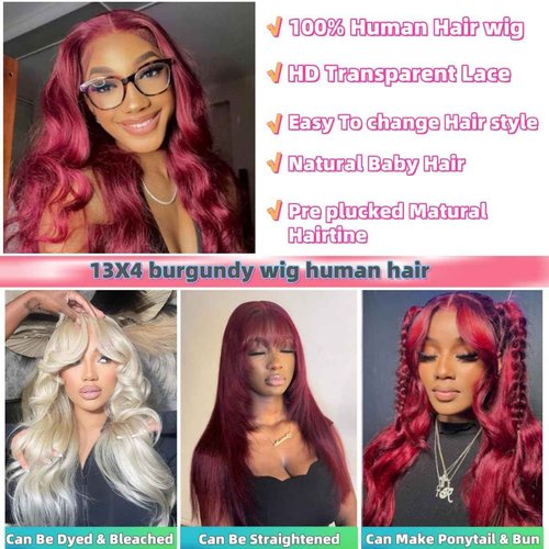 30 Inch 99J Burgundy Lace Front Wigs Human Hair 13x4 HD Body Wave Lace Front Wigs Human Hair 200% Density Pre Plucked 99j Burgundy Red Wine Glueless Human Hair Wigs for Women