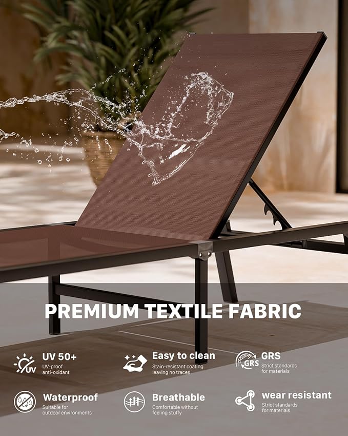 Aluminum Chaise Foldable Patio Lounge Chair Outdoor, Metal Deck Lounger Adjustable 5-Position Recliner Pool Chase Breathable Full Flat Outside Sun Tanning Chairs for Beach/Poolside/Lawn(Brown, 1 Pack)