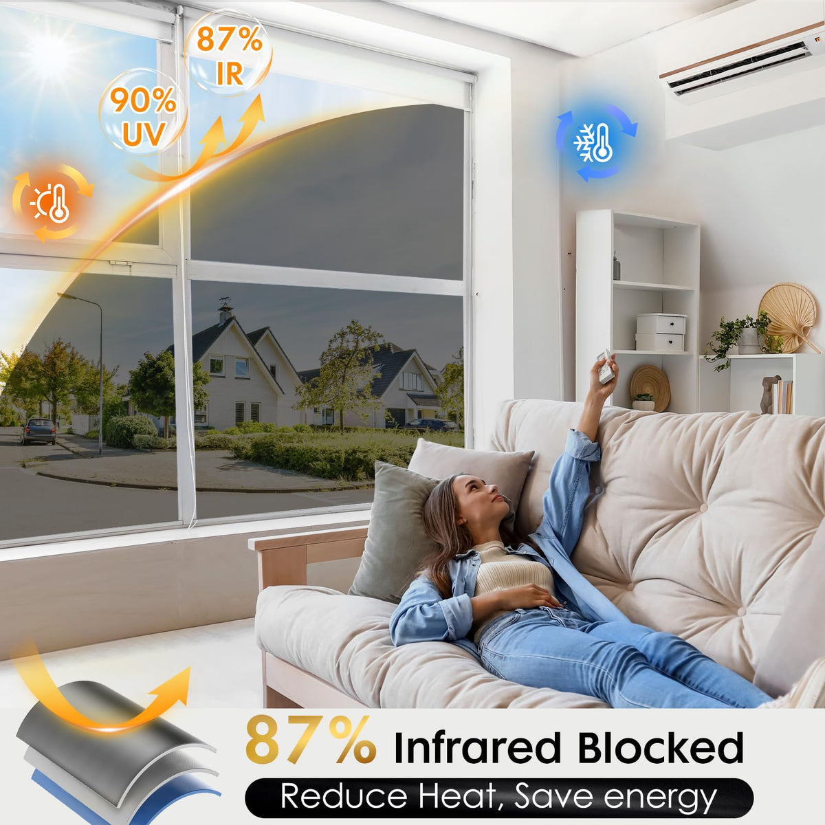 rabbitgoo One Way Window Privacy Film with Kit Window Tint for Home UV Heat Blocking Static Cling Sun Blocker Light Darkening Reflective Mirror Covering See Out Not in 17.5 in X 6.5 Feet Black Silver