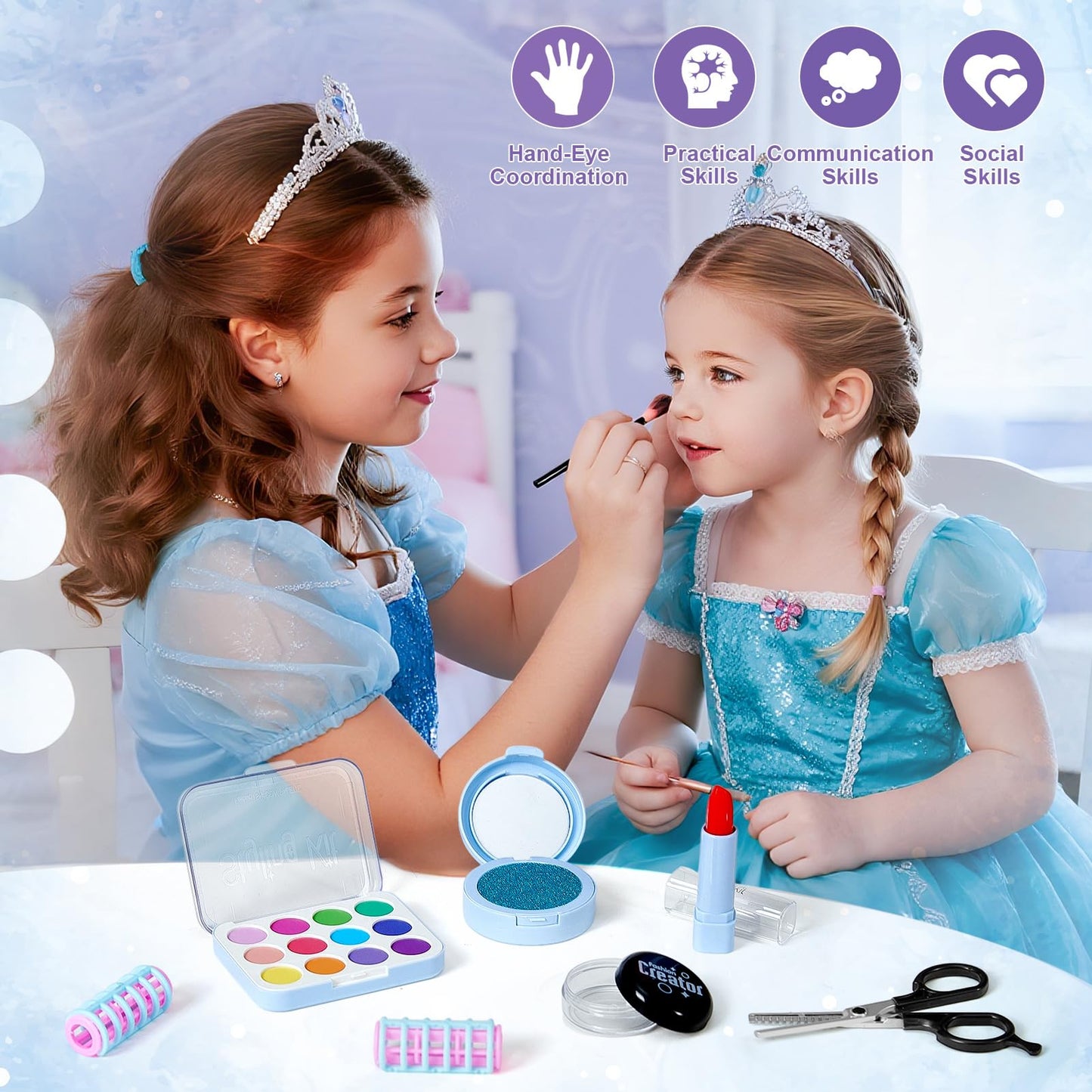 Cleboen Hair Salon Toys for Girls, Kids Pretend Play Beauty Salon Hair Styling Set with Blow Dryer Straightener Mirror Apron Styling Accessories & Makeup Set, Birthday Gifts for Girls 3 4 5 6 7 8+