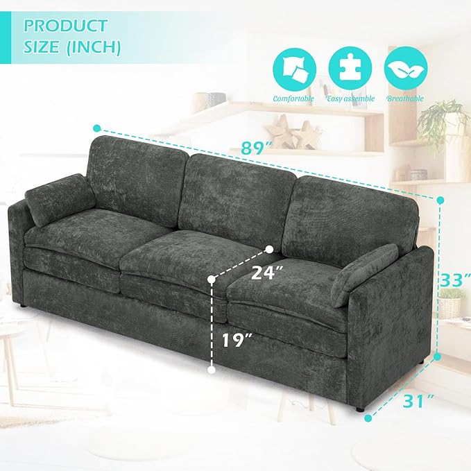ACMEASE 3 Pieces Chenille Sofa Set w/Arm Pillows, Upholstered Loveseat & 2 Pieces 3 Seater Sofa w/Comfortable Back Cushions, Modern 2-Seat & 3-Seat w/High-Density Foam for Living Room, Grey