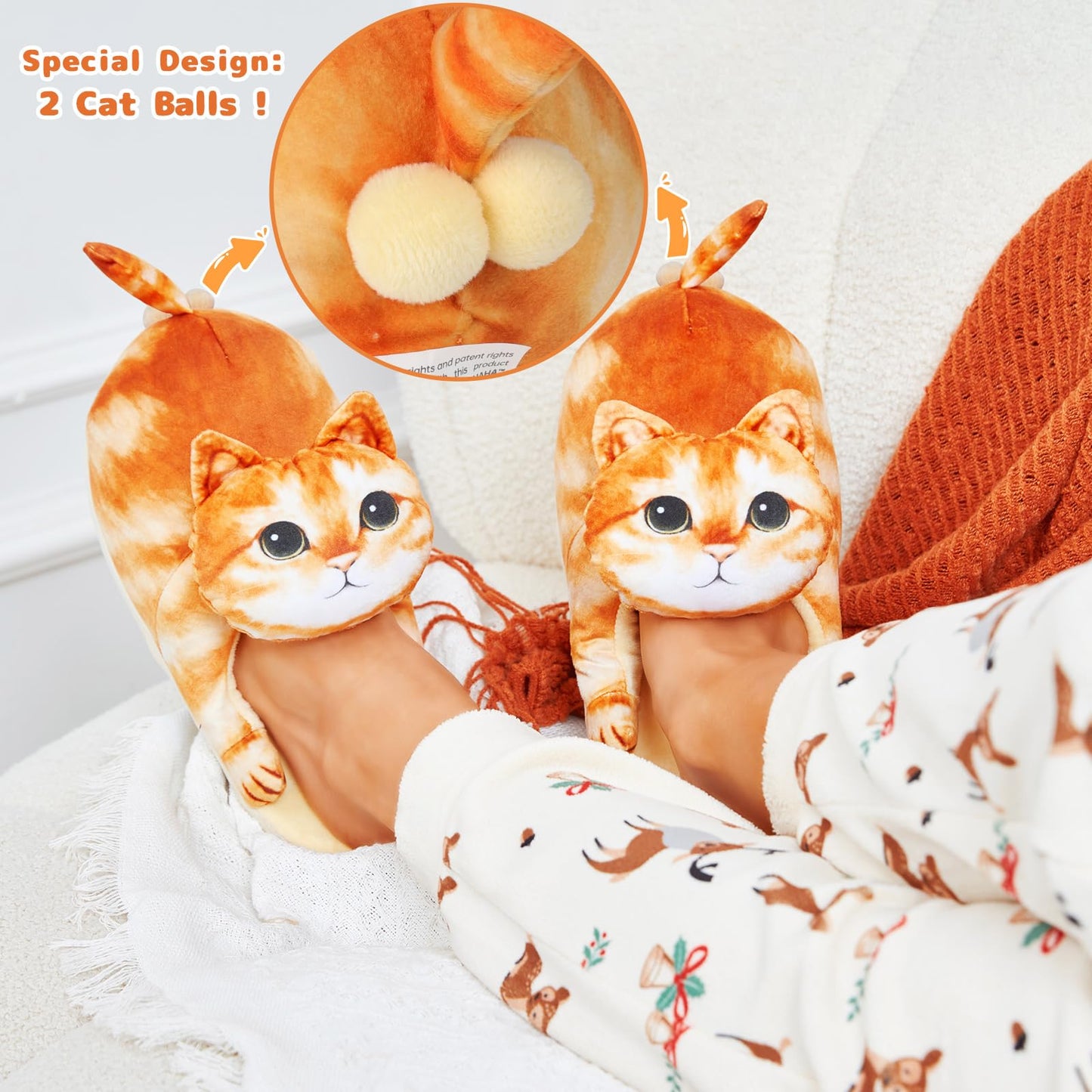 Infaccial Fuzzy Orange Cat Slippers for Women Indoor and Outdoor, Funny Animal House Shoes with Soft Memory Foam,Comfy Plush Warm Slip-on Slippers,Birthday Gifts for Cat Lover