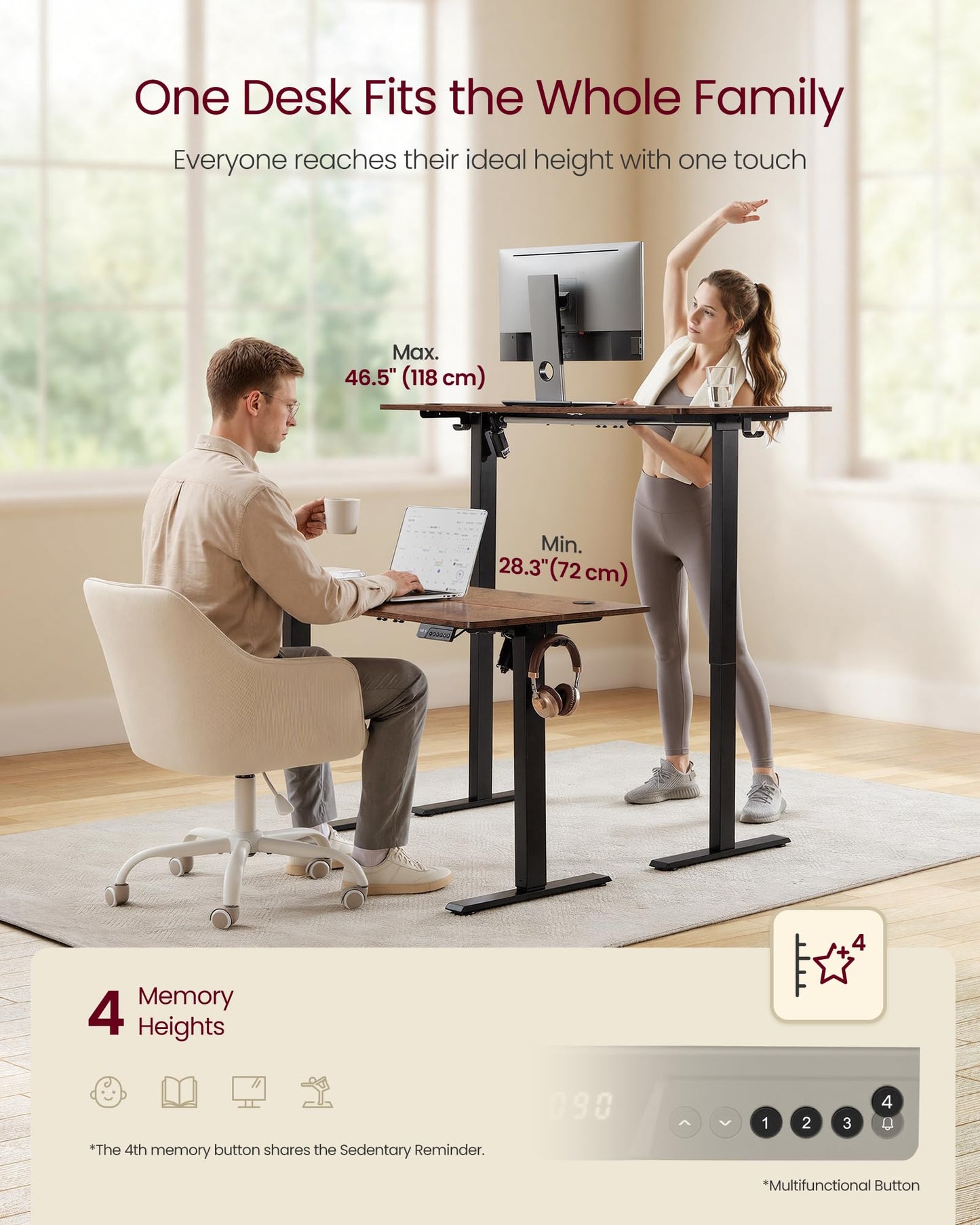 VASAGLE Electric Standing Desk, 63 x 27.6 Inches Height Adjustable Desk, Sedentary Reminder, 4 Memory Heights, for Home Office, Rustic Brown ULSD316KD02S