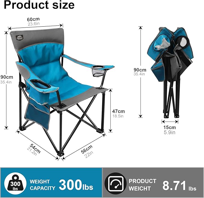 LANMOUNTAIN Oversized Folding Camping Chair,Heavy Duty Padded Portable Lawn Chair w/Extra Large Cup Holder,Side Pocket for Adults Outdoor Sports Hiking Beach Garden Picnic,Blue