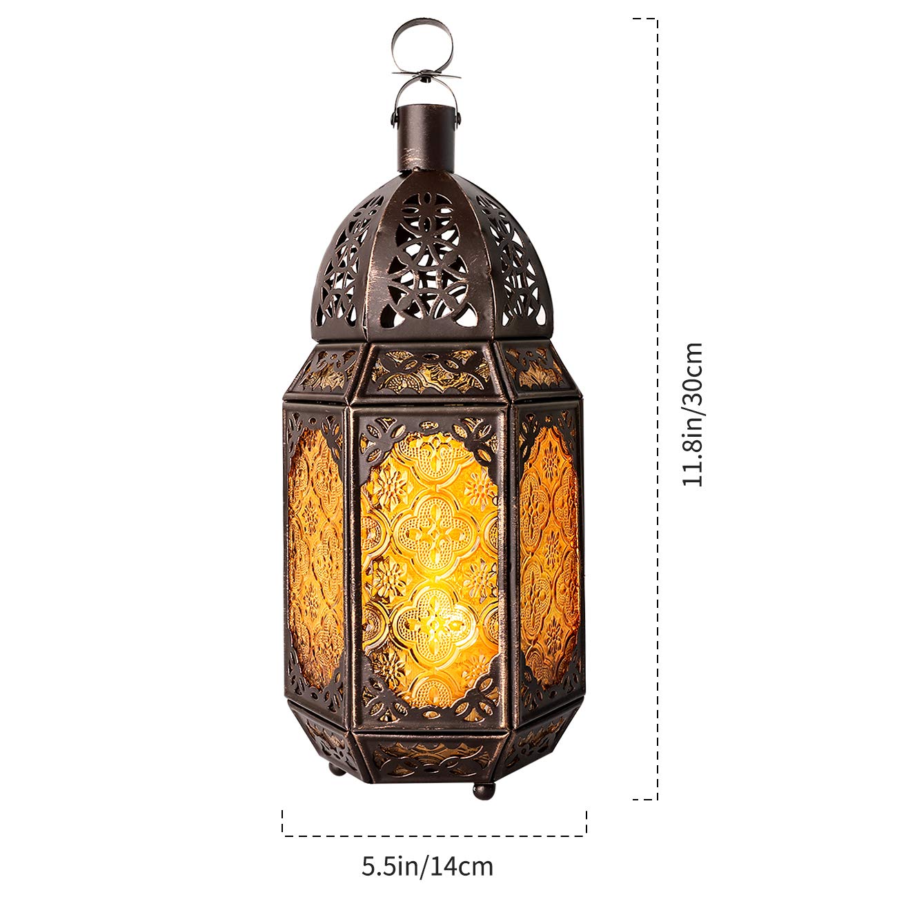 Lewondr Metal Glass Ramadan Candle Lantern, Moroccan Style Portable Candle Holder Pavilion Shape Bowl Bottom Decorative Hanging Lamp Wind Lantern Décor for Home Patio Balcony Garden - Copper + Yellow