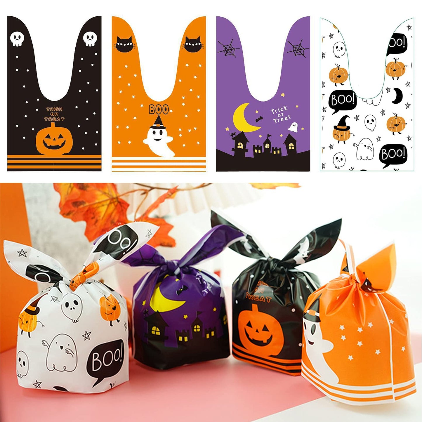 BPNHNA 50Pcs Halloween Goodie Bags Pumpkin Ghost Treat Candy Bags Ear Tie Cookies Bags Gift Bags for Party Favor(White)