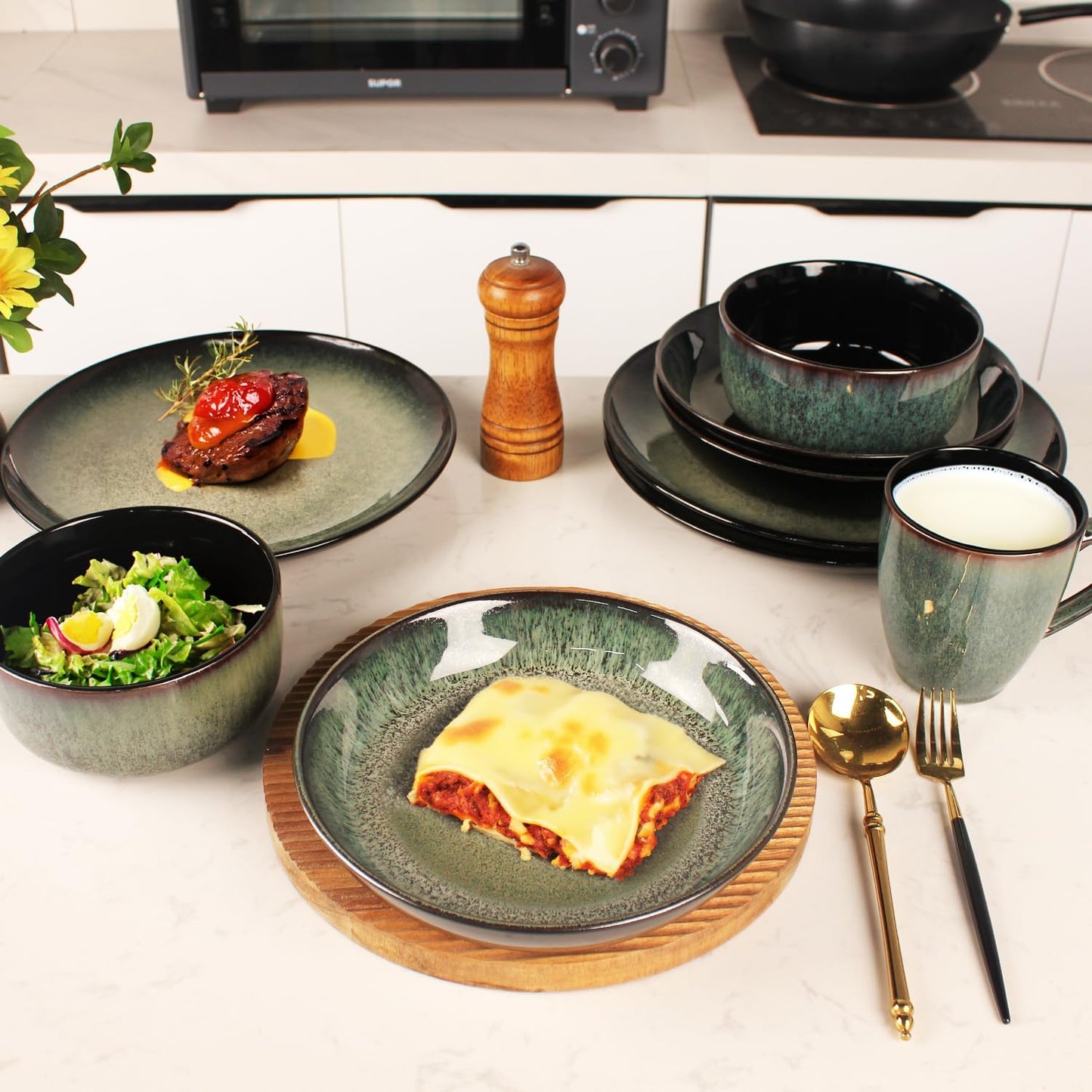 Dinnerware Sets(16Pcs) Serves for 4, Reactive Glaze Plates and Bowls Set with Mug,8.3"Salad Plate,10.6"dinner Plate,5.5"bowl, Modern kitchen tableware,Microwave safe, Set No.2