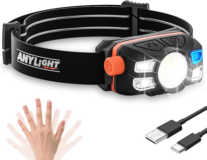 Anylight Rechargeable LED Headlamp with Stepless Dimming and Motion Sensor, IP65 Waterproof Headlight for Repairing, Runni...
