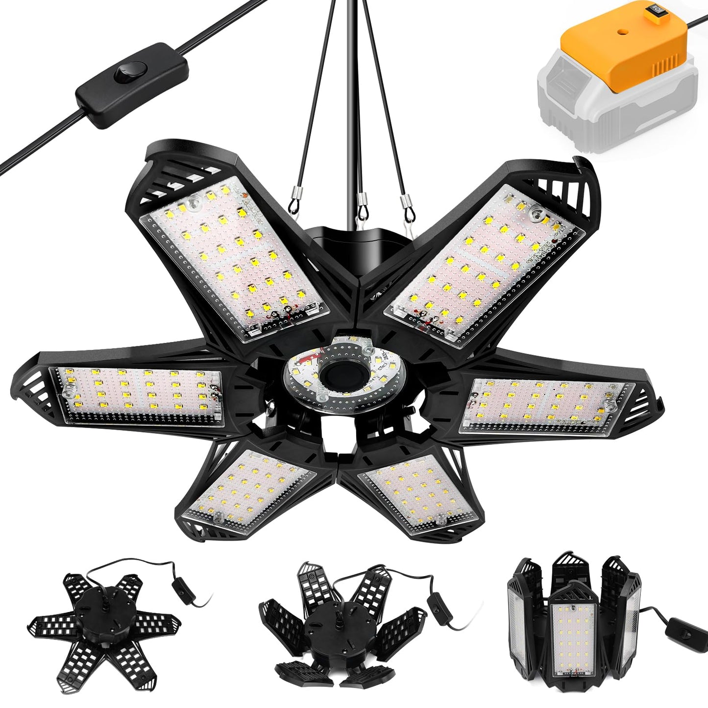 LIVOWALNY LED Work Light Compatible with Dewalt 20V Battery, 68W 6800LM LED Garage Flood Lights with 6+1 Deformable Panels, Battery Powered Pendant Ceiling Light for Shed Workshop Garage Home