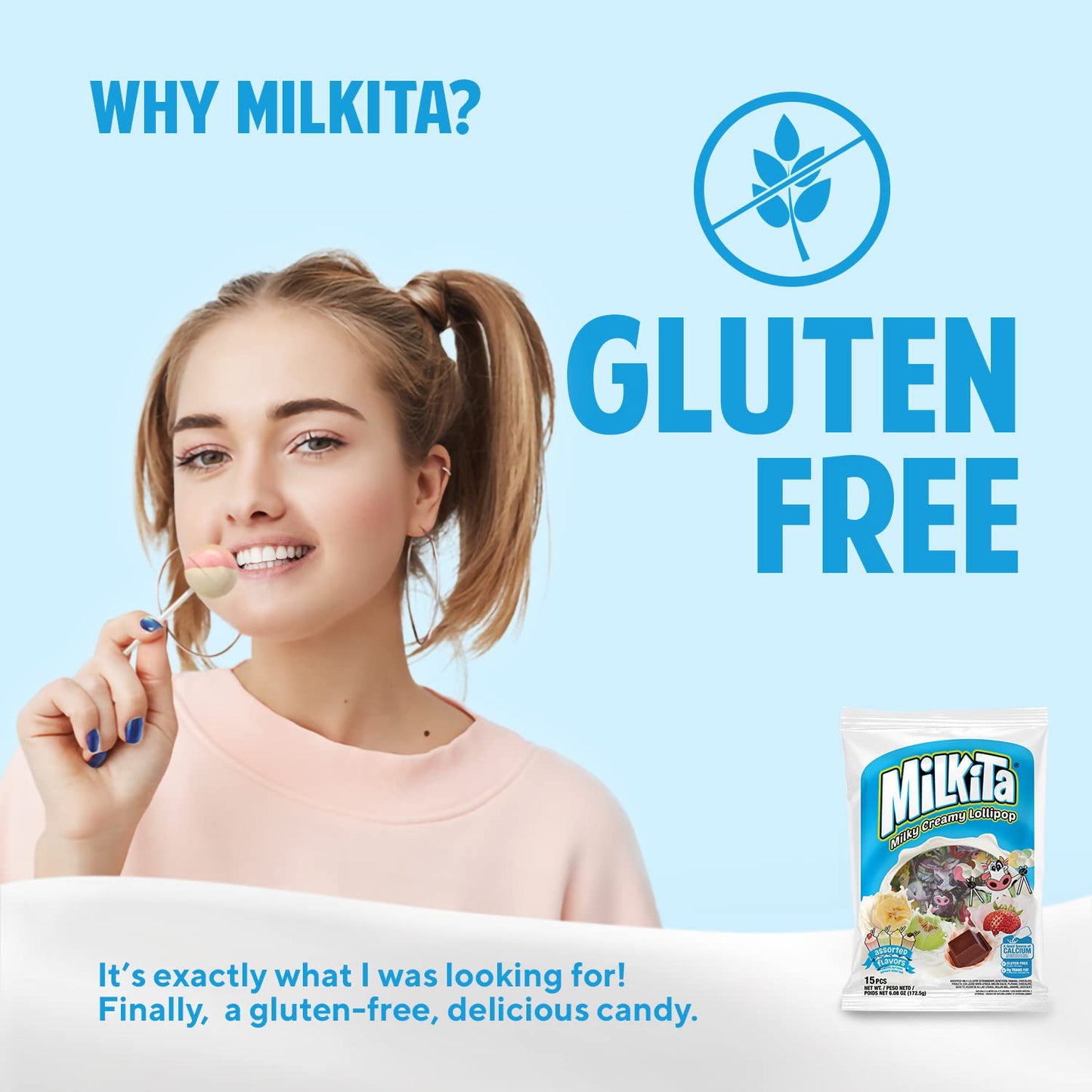 Milkita Creamy Shake Lollipop Bag, Gluten Free Chewy Candies with Calcium & Real Milk, Low-Sugar, Assorted Flavors (Strawberry, Chocolate, Honeydew, Banana), 15 Pcs