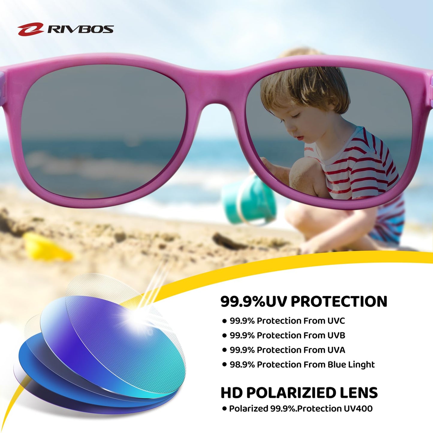 RIVBOS Kids Sunglasses for Girls Boys with Strap Polarized UV Protection Flexible Rubber Shades RBK004-2 Pink