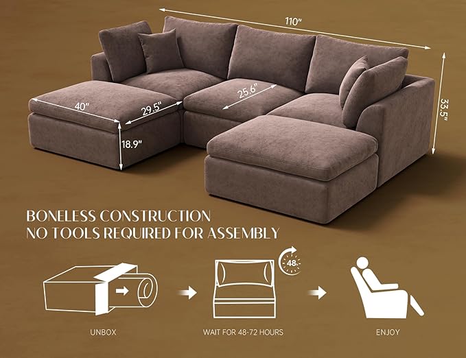ohllob 110" Cloud Sectional Couches for Living Room, Boneless U Shaped Couch with Ottoman, 3 Seater Modular Sectional Sofa, Brown