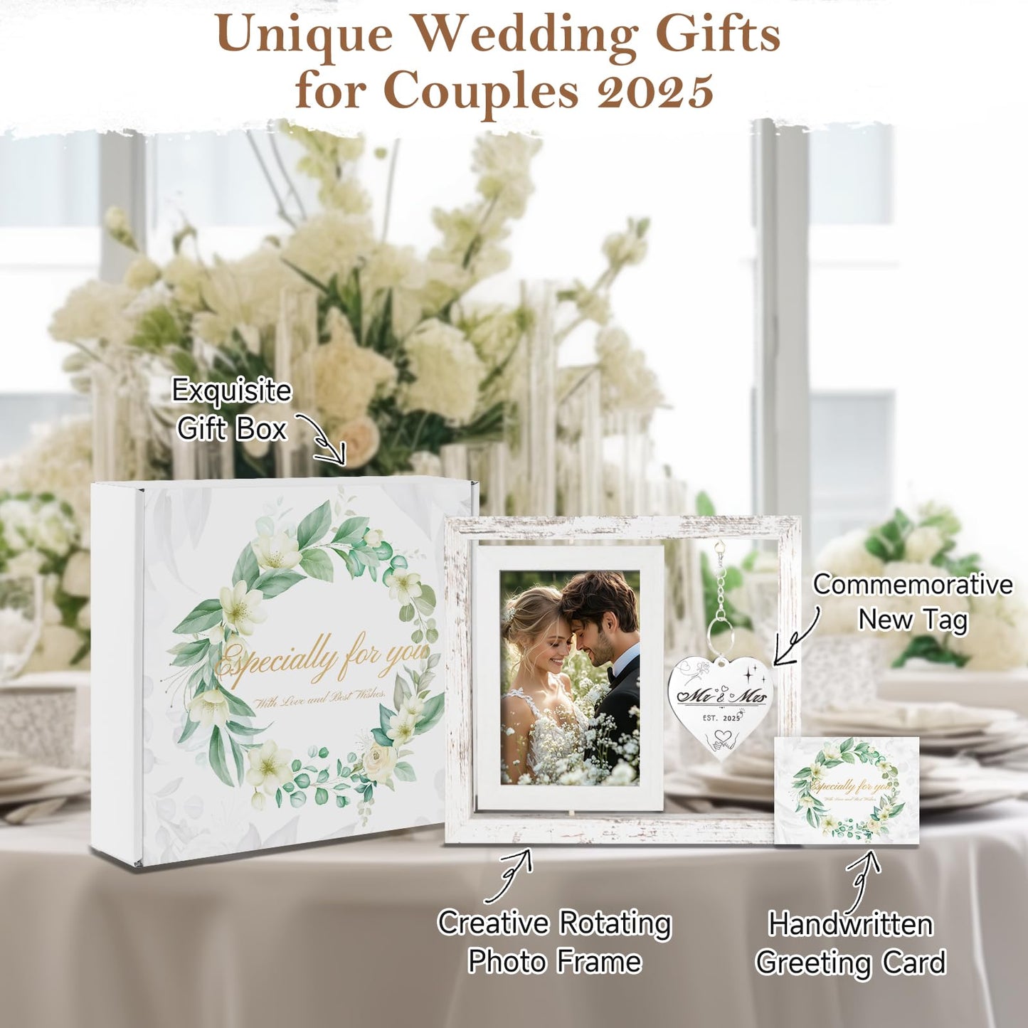 PIKPEOD Rotating Wedding Picture Frame 4x6 - Bridal Shower & Engagement Gifts for Couples & Newlyweds - Mr & Mrs Personalized Gifts