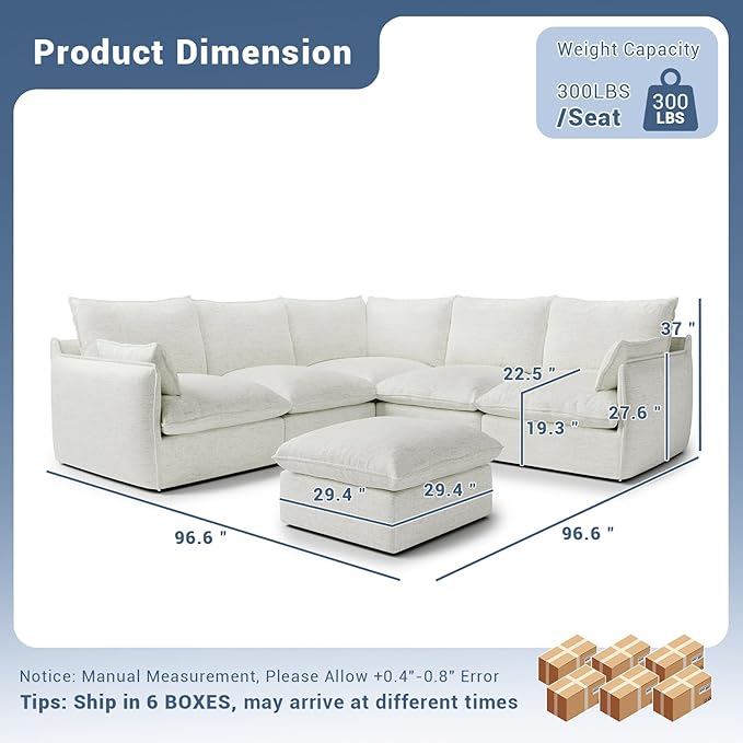 Lopzeho Cloud Modular Sectional Sofa, Waterproof Down Filled Sectional Sofas, High Backrest V Shaped 5 Seater Sectional Couch with Ottoman, Modern Modular Couch with Removable Cover, Cream White