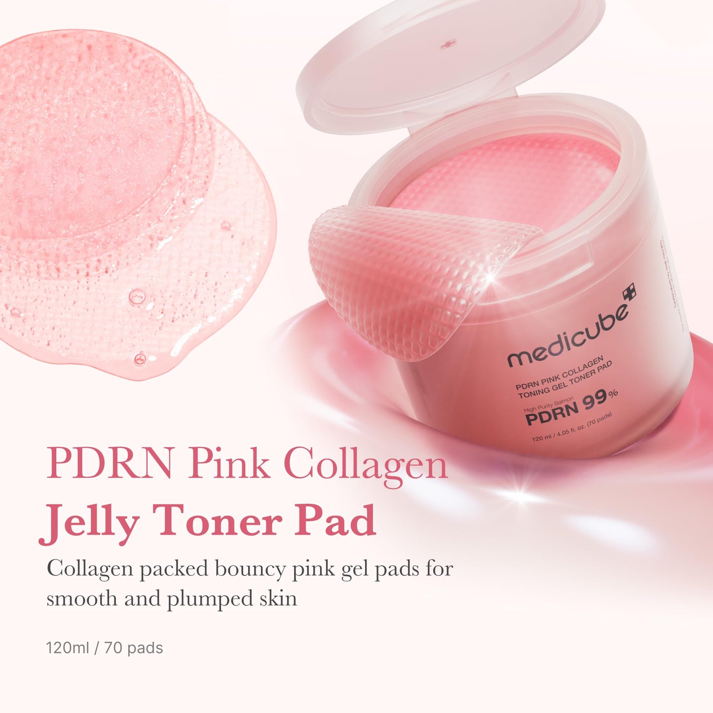 medicube Salmon DNA PDRN Pink Collagen Jelly Pad | Korean Gel Toner Pads with Niacinamide, Madecassoside, Retinol | Soothing, Ra