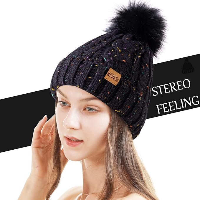 REDESS Women Winter Pompom Beanie Hat with Warm Fleece Lined, Thick Slouchy Snow Knit Skull Ski Cap