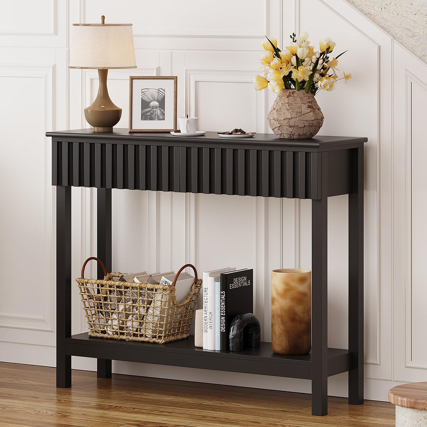 Trironsun Fluted Console Table with 2 Drawers Narrow Sofa Table with Open Storage Shelf Modern Behind Couch Tables Long Entryway Table for Foyer Hallway