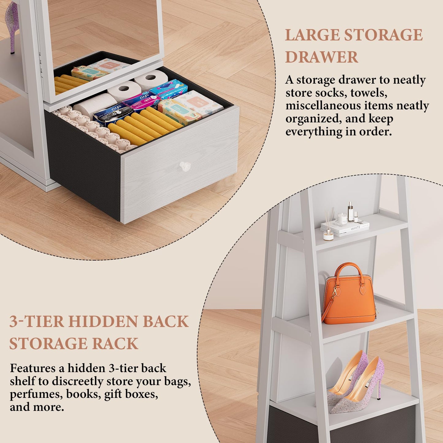 FAVSH Jewelry Cabinet with Drawer, 5-In-1 Standing Jewelry Armoire with LED Lights, 360° Swivel Jewelry Organizer with Full Length Mirror, White