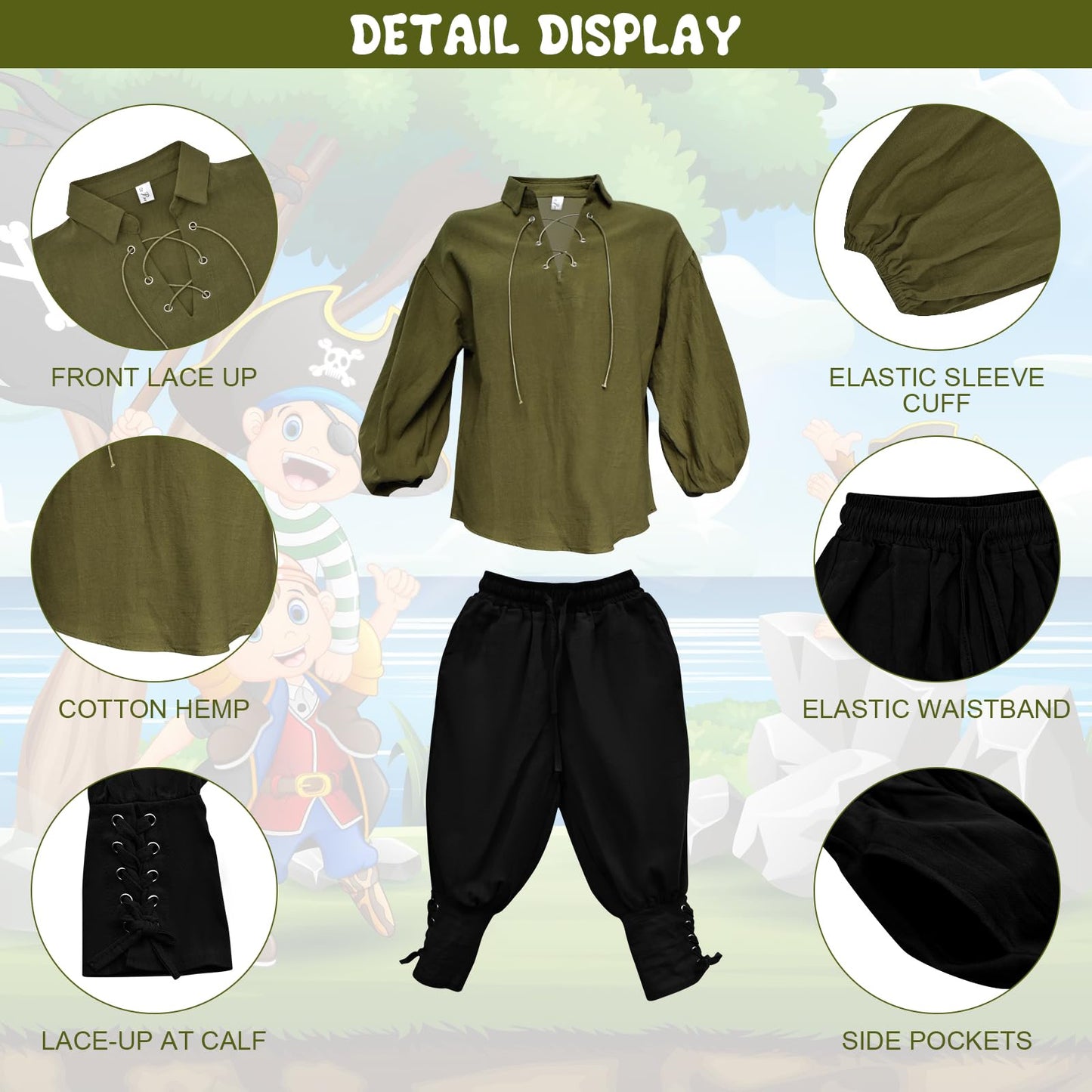 Prebene Boys Medieval Pirate Set Shirt & Ankle Pants Kids Renaissance Halloween Costume Scottish Jacobite Tops and Trousers (Green+Black, 6-8T)
