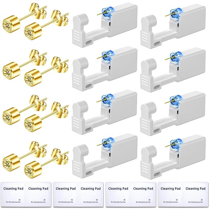 Get the Perfect Ear Piercing with 24 Pcs Premium Ear Piercing Kit - Includes 8 Yellow CZ Stones Earrings and 8 Easy-to-Use Self Ear Piercing Gun - Safe and Painless