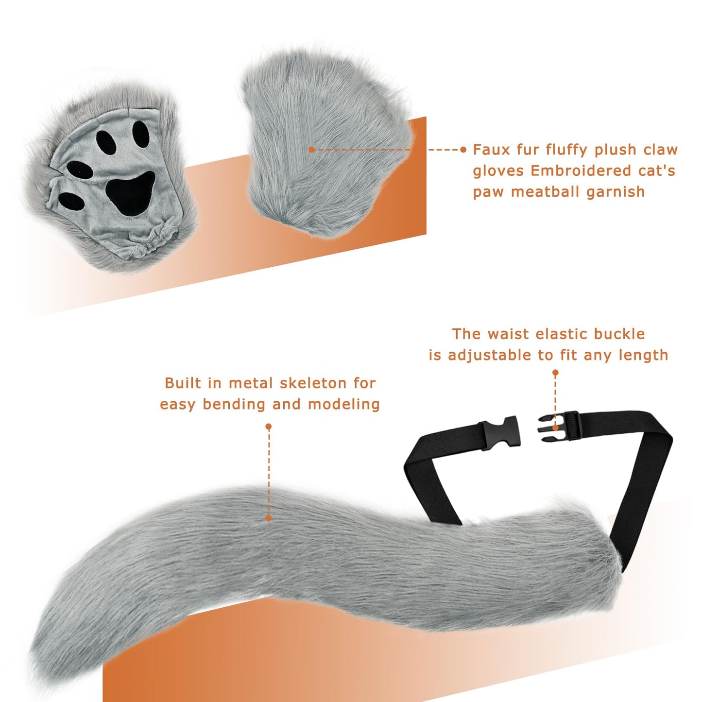 Yinhua Gray Therian Mask and Tail Kit Faux Furrfy Fox Mask Cat Paws Gloves and Ears for Kid & Adult Halloween Cosplay Party