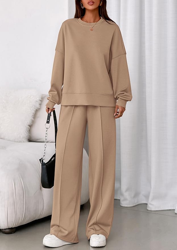 PRETTYGARDEN 2 Piece Sets For Women Fall Trendy Long Sleeve Sweatshirt Wide Leg Pants Loungewear Set Matching Sweatsuit