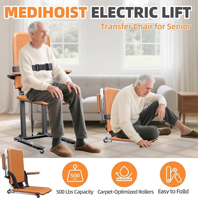 Upgrade Steel Electric Lift Chair with Advanced Wheels and PU Cushion, Floor Lift for Elderly, Support Up to 500 LBS, Safety Seat Belts and Handrails, Suitable for Home or Care Facilities Use, Brown