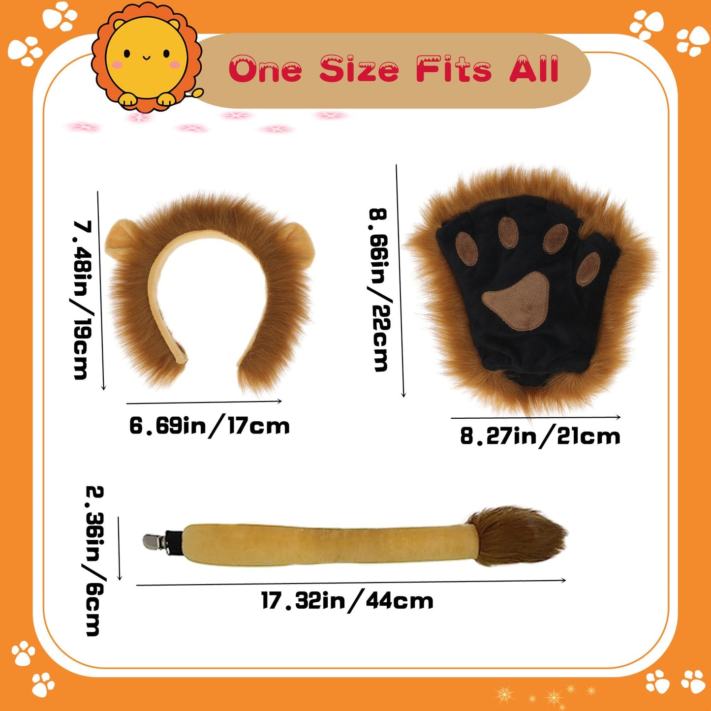 Dodheah Lion Ears Headband Set Fingerless Furry Lion Glove Paws Lion Tail Animal Cosplay Halloween Fancy Dress Lion Costume Yellow