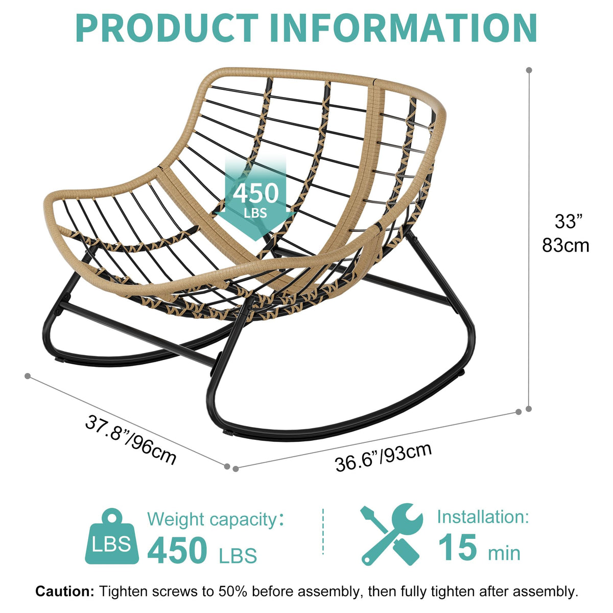 Fancyango Oversized Rocking Chair Outdoor/Indoor - 450lbs Weight Capacity, Wicker Rattan Egg Lounge Chair with Cushion, All-Weather Patio Rocker for Porch, Garden, Balcony, Yellow-Black