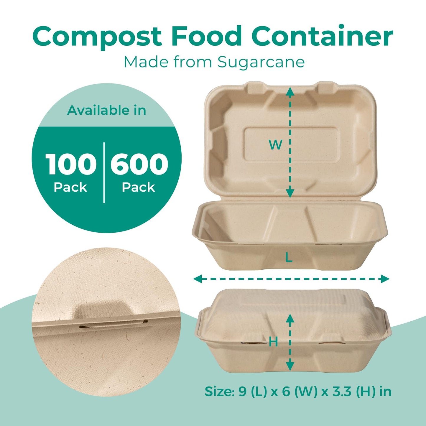 Fit Meal Prep 100 Pack 9x6 Compostable To Go Food Containers, Disposable To Go Boxes for Food, Lunch Boxes, Clamshell Take Out Containers with Lids, Eco Friendly Biodegradable, PFAS-Free, Bagasse
