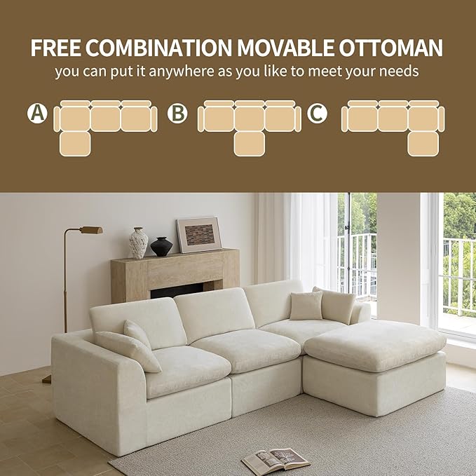 115''Cloud Sectional Couch, Modern L-Shape Sofa with Ottoman, Oversized Convertible 3 Seater Modular Couches for Living Room, Warm White