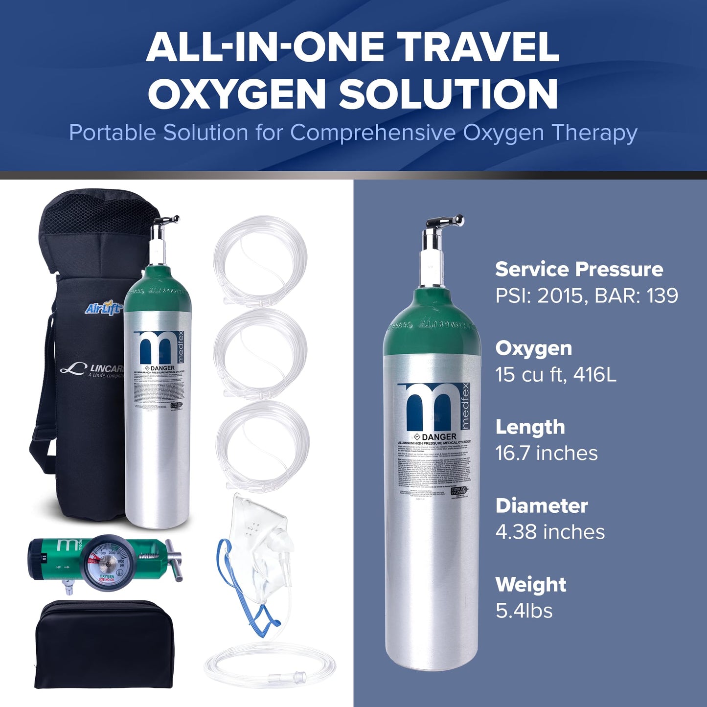 Medfex Oxygen Tank Complete Set | 425 Liter Capacity - Travel Size Kit USA