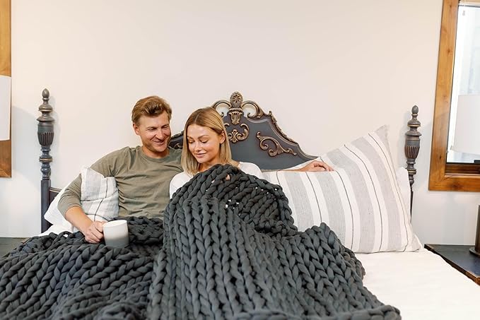 Nuzzie Chunky Knit Weighted Blanket - Breathable, Cooling, Hand Made Knit Throw Blanket for Sleep - Machine Washable, Stylish Design (Charcoal, Queen | 28lbs | 80"x80")
