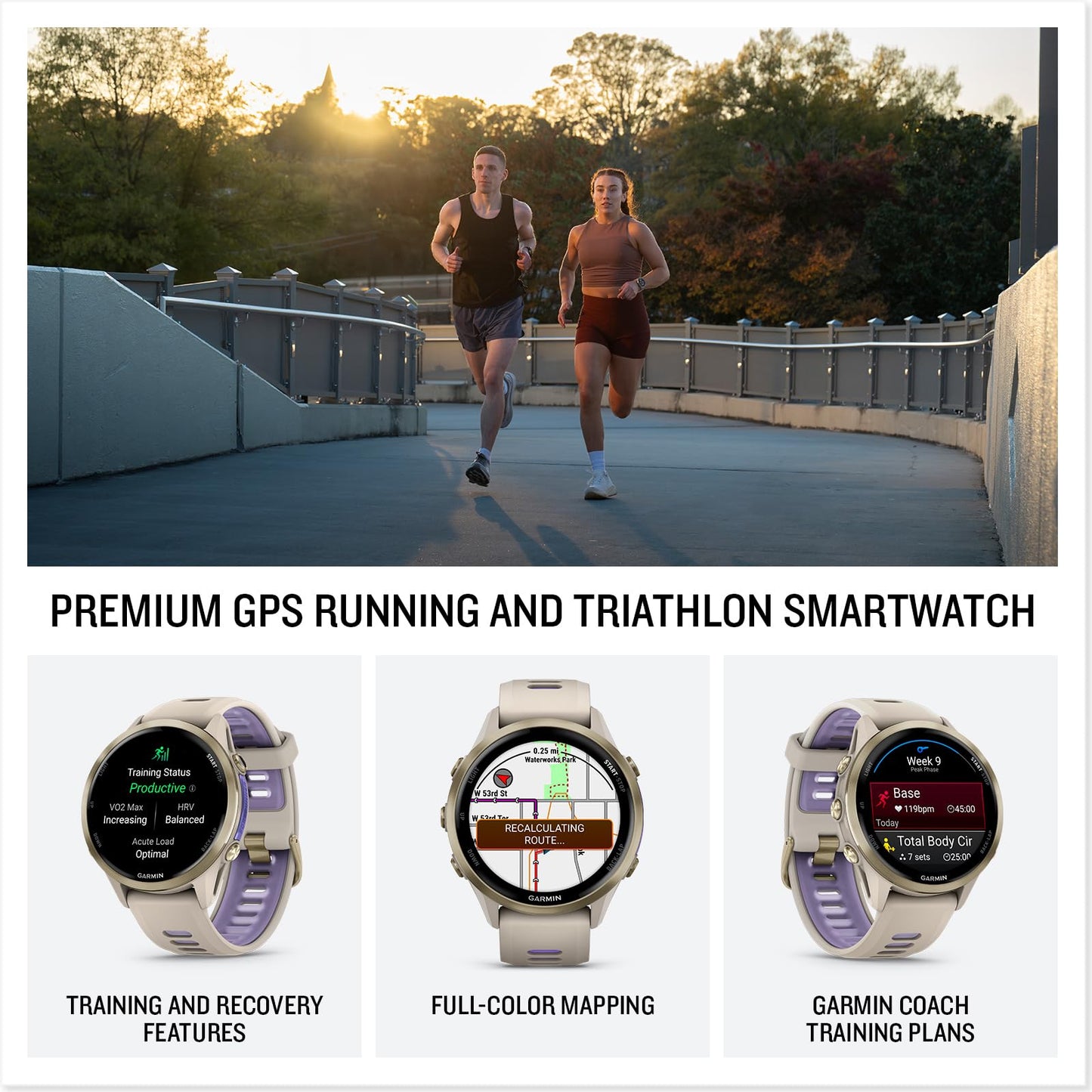 Playbetter Garmin Forerunner 970 (Soft Gold French Gray/Translucent Indigo) Premium Gps Running & Triathlon Smartwatch Bundle -