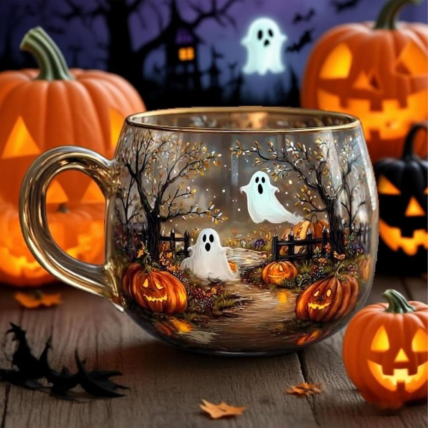 Haunted Path Halloween Mug, Painted Halloween and Pumpkins Ceramic Mug, Spooky Fall Pumpkin Ghost Cup for Halloweens Gifts, Fall Decor, Microwave Safe, A Perfect Choice for Drinks(1PC)