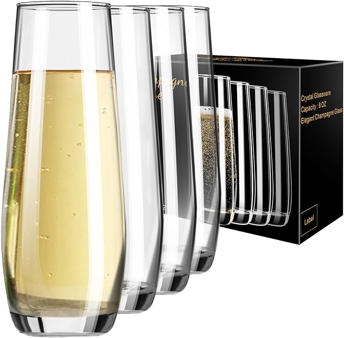 PARACITY Stemless Champagne Flutes, Champagne Glasses Set of 4, 8oz Glass Champagne Flutes, Gift for Birthday, Wedding, Ch...