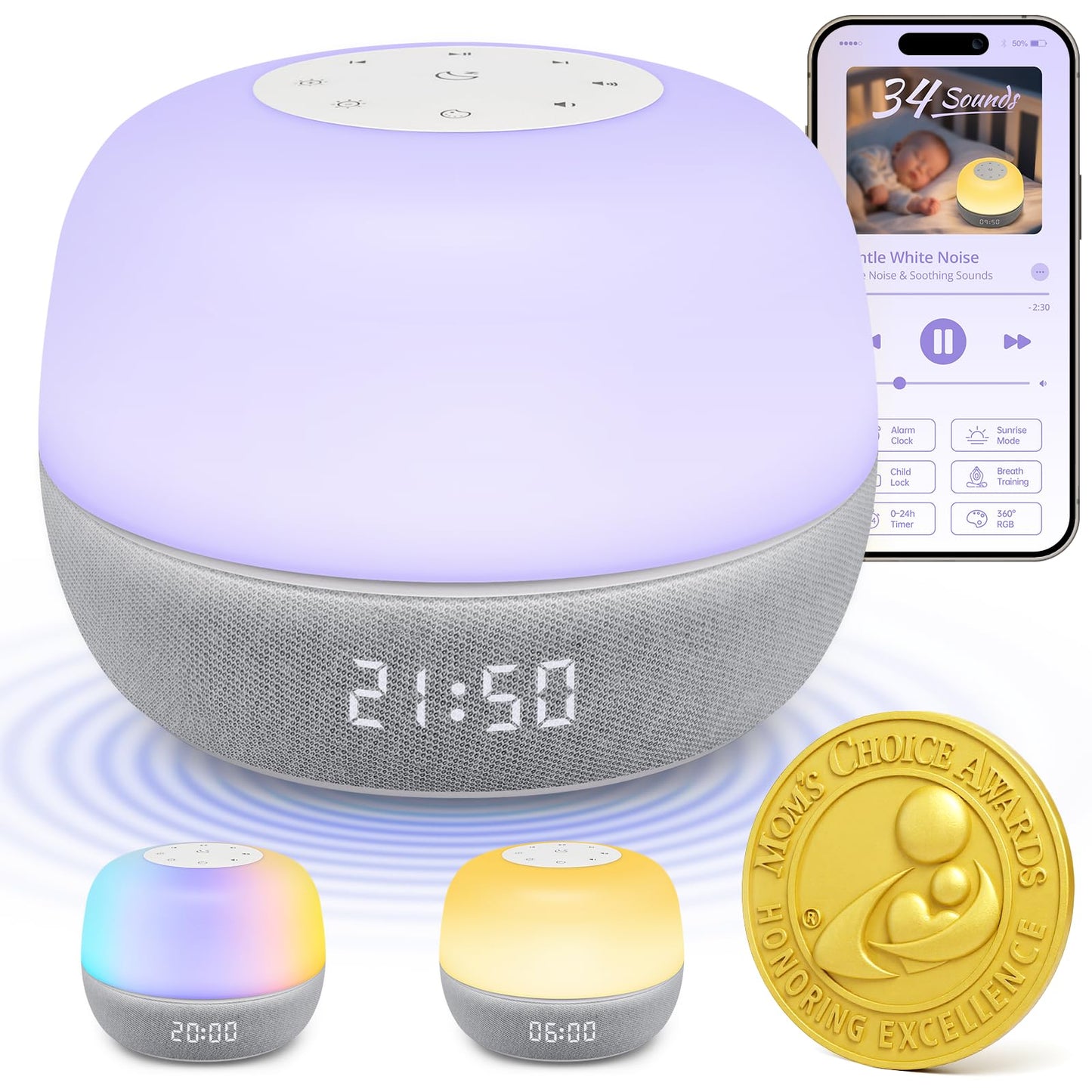 2025 Mom's Choice Awards | Sound Machine Baby White Noise Machine with Sunrise Alarm Clock & App Control – 360° RGB Night Light, Sleep Soother for Adults & Kids, Newborn Essentials Shower Gift