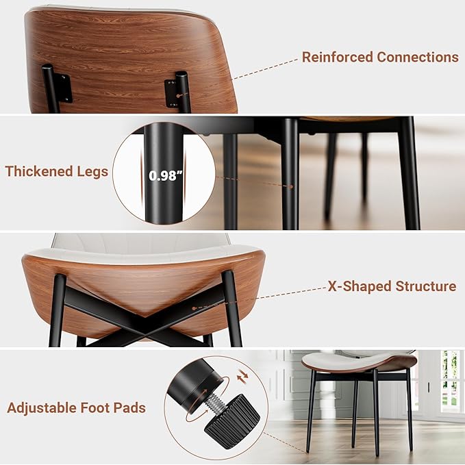 YaFiti Dining Chairs Set of 4, Dining Room and Kitchen Chairs, Mid Century Modern Accent Chair, Upholstered PU Leather Chairs for Vanity with Walnut Bentwood and Metal Legs, Beige
