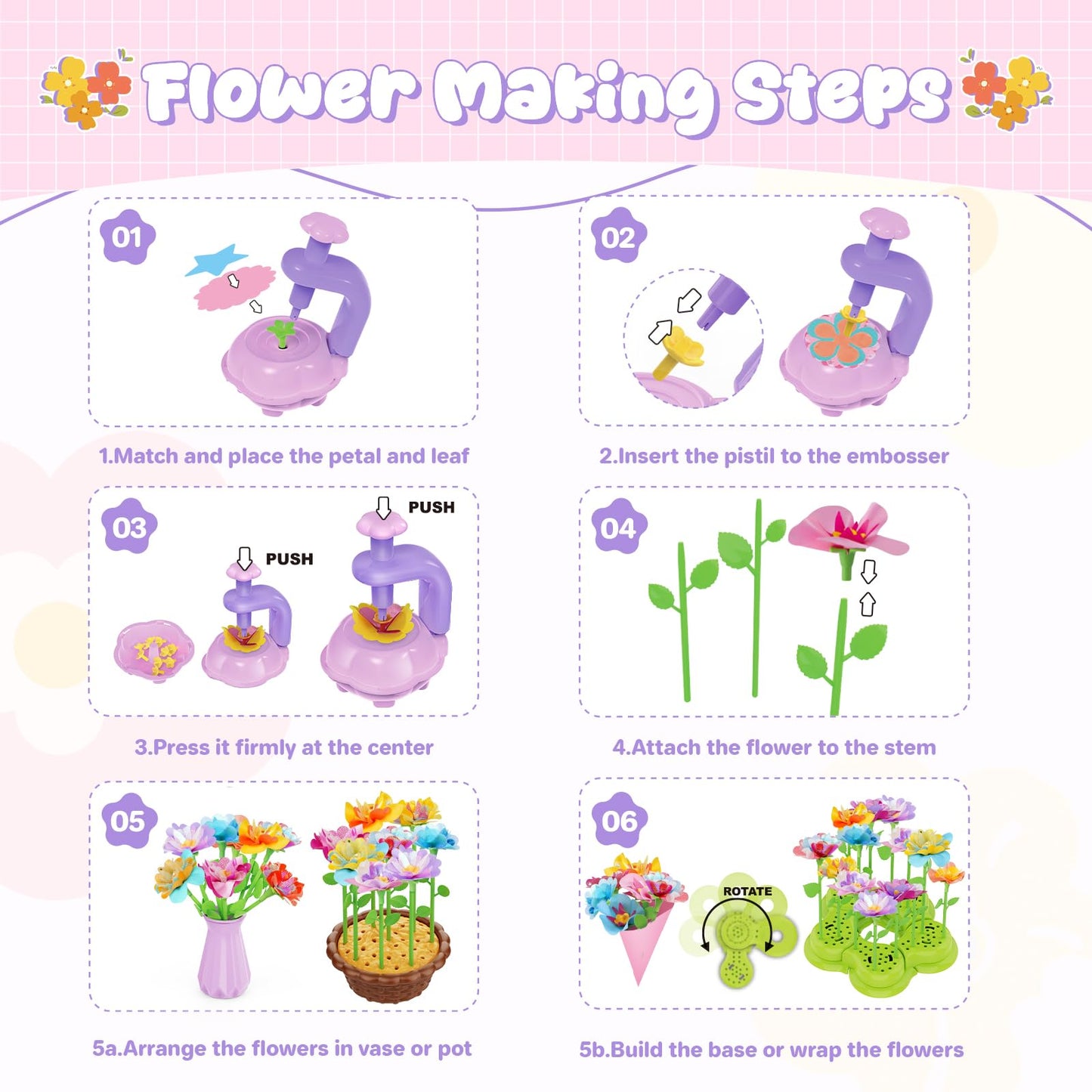 FUNZBO Fabric Flower Bouquets Toys Craft Kit, DIY Arts and Crafts for Kids Ages 4-6-8, Flower Making Toys for 4 5 6 7 8+Year Old Girl Birthday Gifts Ideas, Creative Activity Craft Flowers fot Toddler