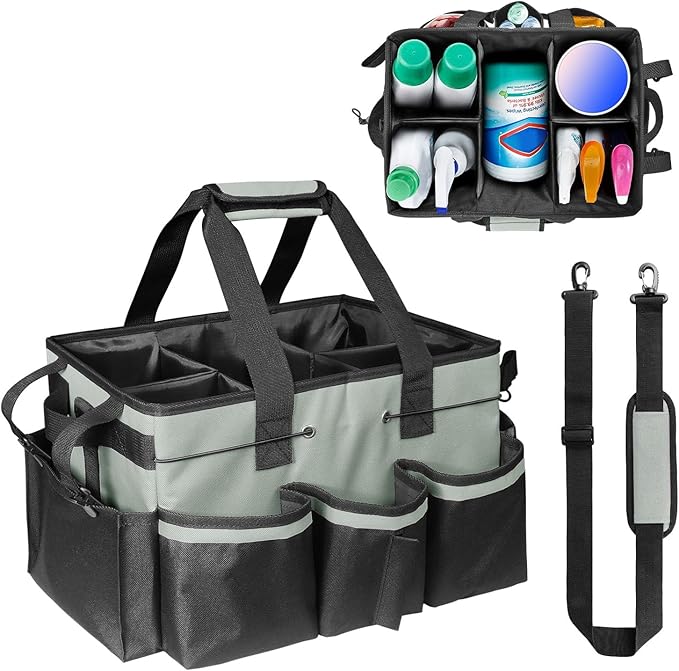 Wearable Cleaning Caddy Bag, Cleaning Caddy Suppliers Organizer with 4 Foldable Dividers, Handle & Shoulder Straps Cleaning Tool Organizers for Cleaners & Housekeeper (Grey)