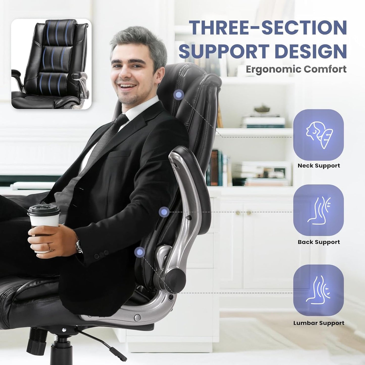 COLAMY Leather Executive Office Chair - High Back Ergonomic Home Computer Desk Chair with Padded Flip-up Arms, Adjustable Tilt Lock, Swivel Rolling Chair for Adult Working Study, Black