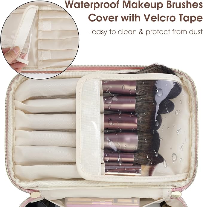 Wandering Nature Makeup Bag, Travel Make Up Organizer Cosmetic Brush Bags Case for Women in Vegan Leather, Pink, Patent Pending