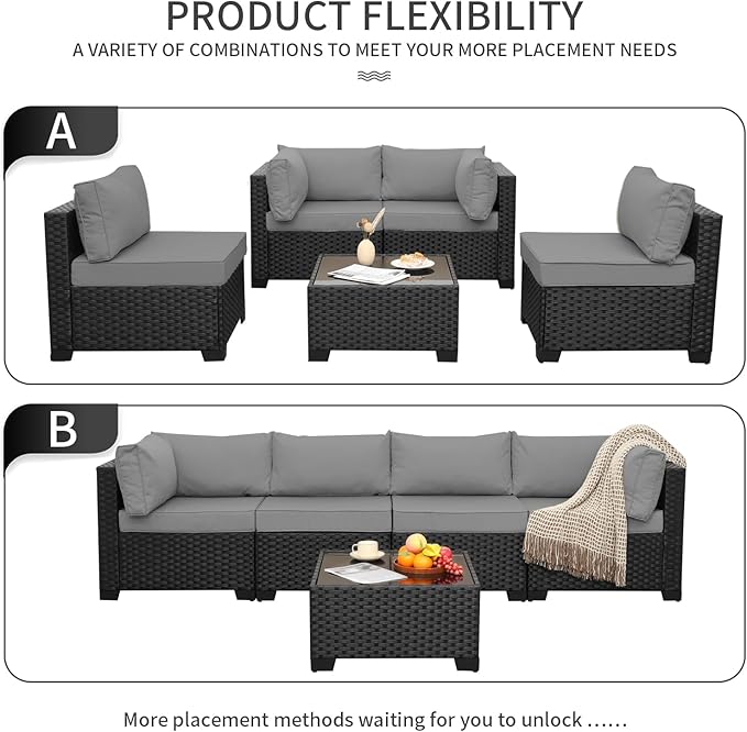 WAROOM Outdoor Patio PE Wicker 5 Piece Furniture Set, Black Rattan Sectional Conversation Sofa Chair with Coffee Table, Grey Cushion