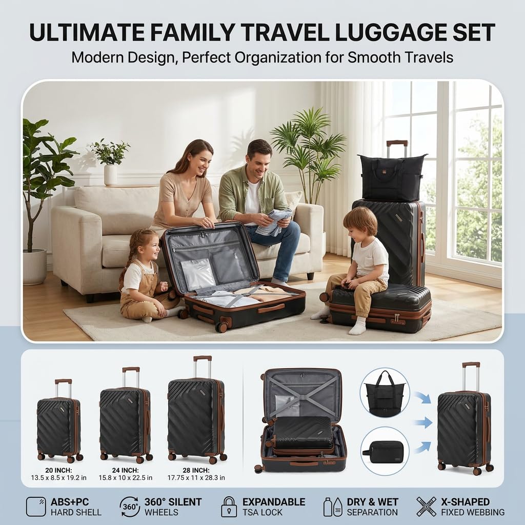 Rosamo 5 Piece Luggage Set Expandable Hardside, 20/24/28in Suitcases with Matching Travel Bags, 22x14x9 Airline Approved Carry On, TSA Lock, Spinner Wheels, ABS+PC