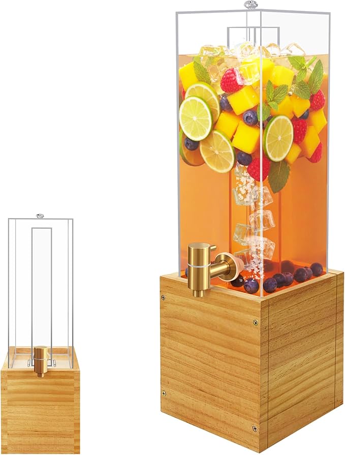 Beverage Dispenser with Stand, 2 Gallon Drink Dispenser, Acrylic Beverage Dispenser with Wood Stand, Drink Dispensers for ...